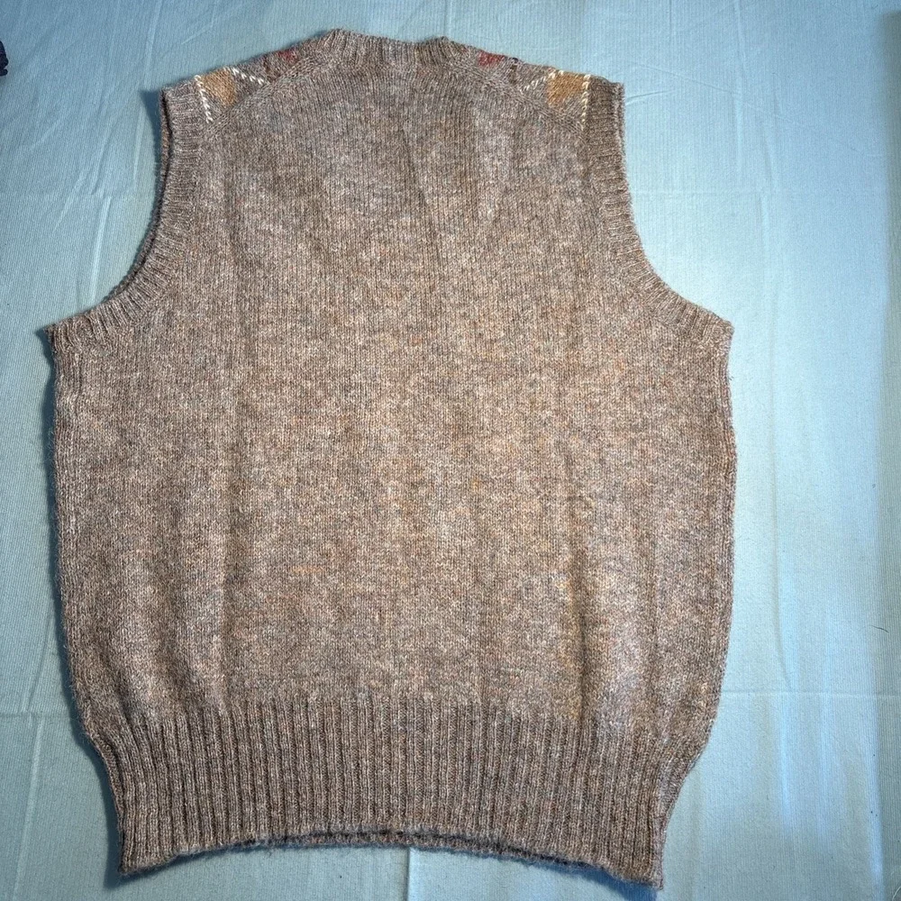 Filenes Mens Argyle Sweater Vest Brown Wool Shetland Made in Scotland Large L